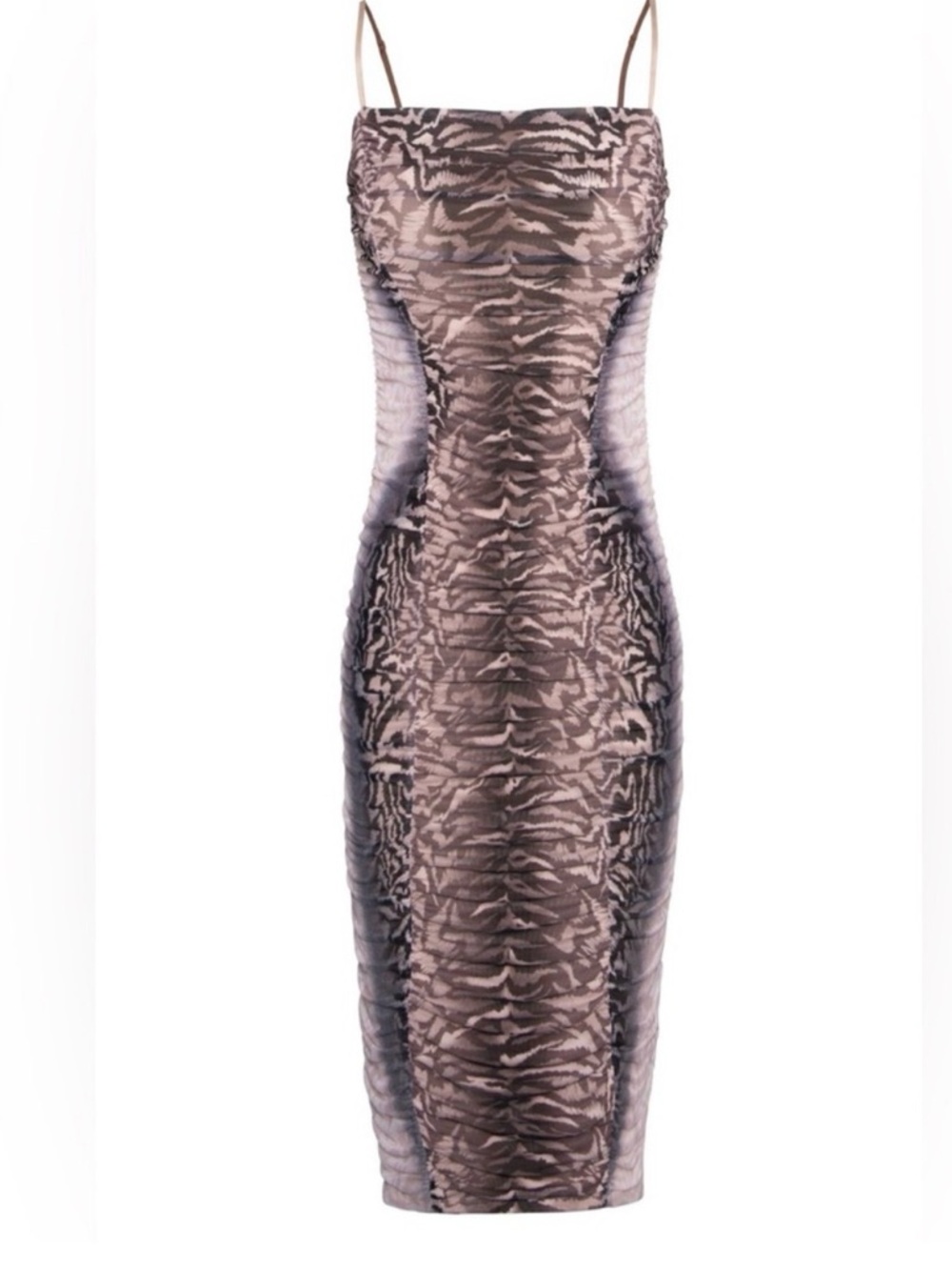 AFRM Brown & Cream Zebra-Print Ruched Slip Dress. NWT